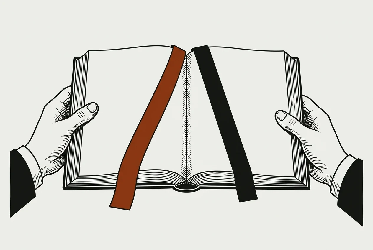 Штриховий малюнок: одна розкрита книга, дві руки з протилежних боків, кожна закладає свою закладку між різними сторінками.