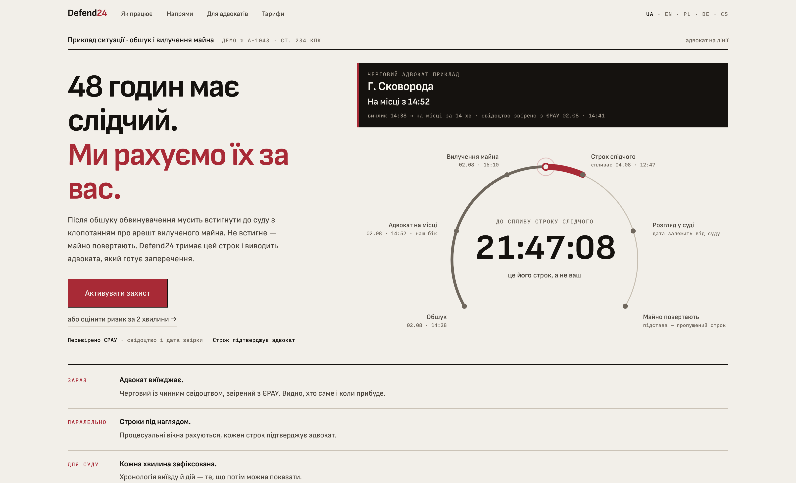 Інтерфейс Defend24: строк слідчого, прибуття адвоката та процесуальна хронологія